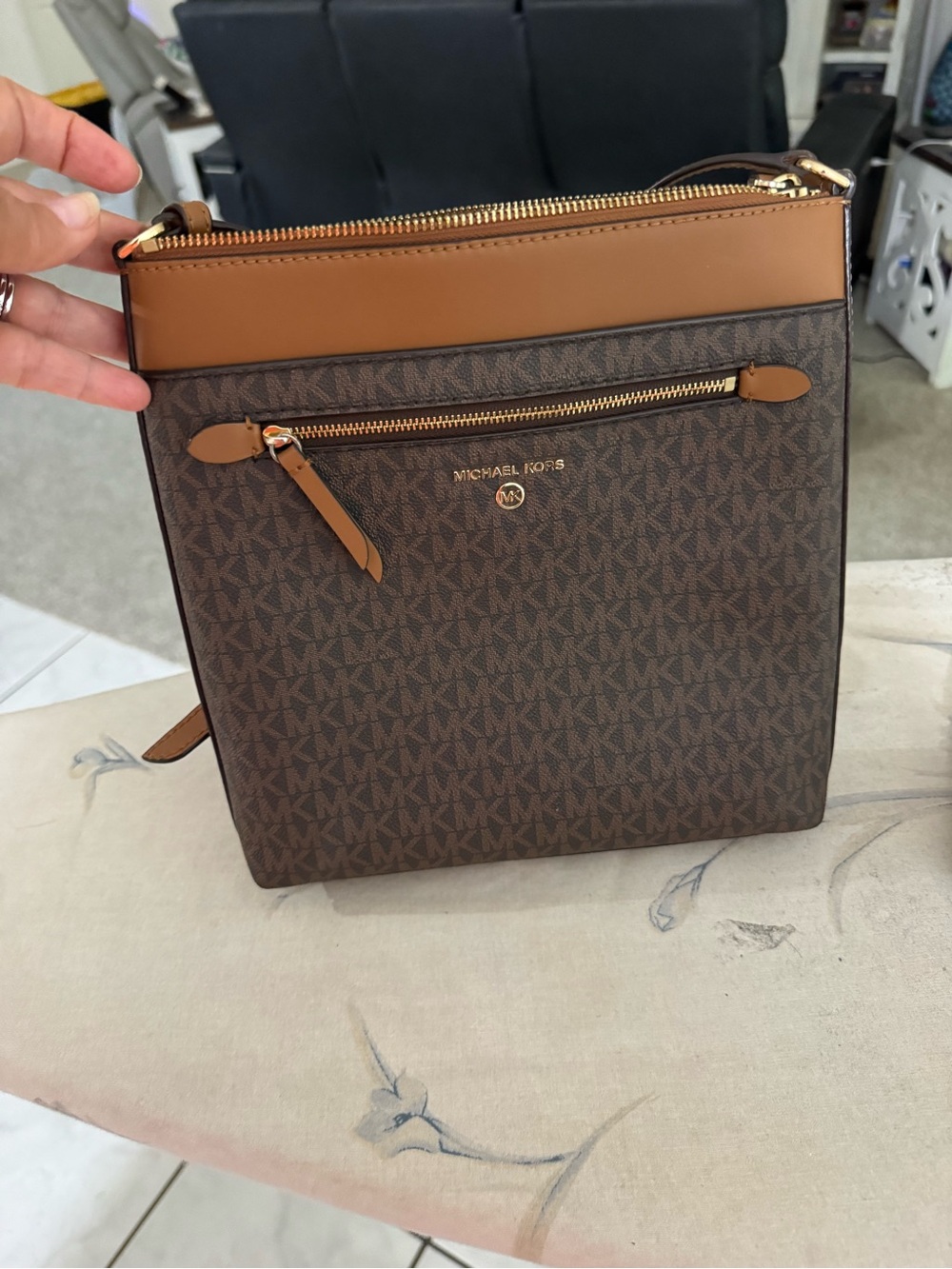 Michael Kors Brown Logo Messenger Bag with Tan Trim